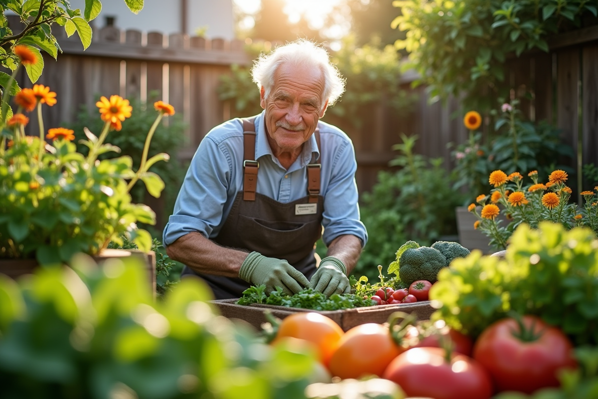 Retraite jardinant dans son petit jardin vert