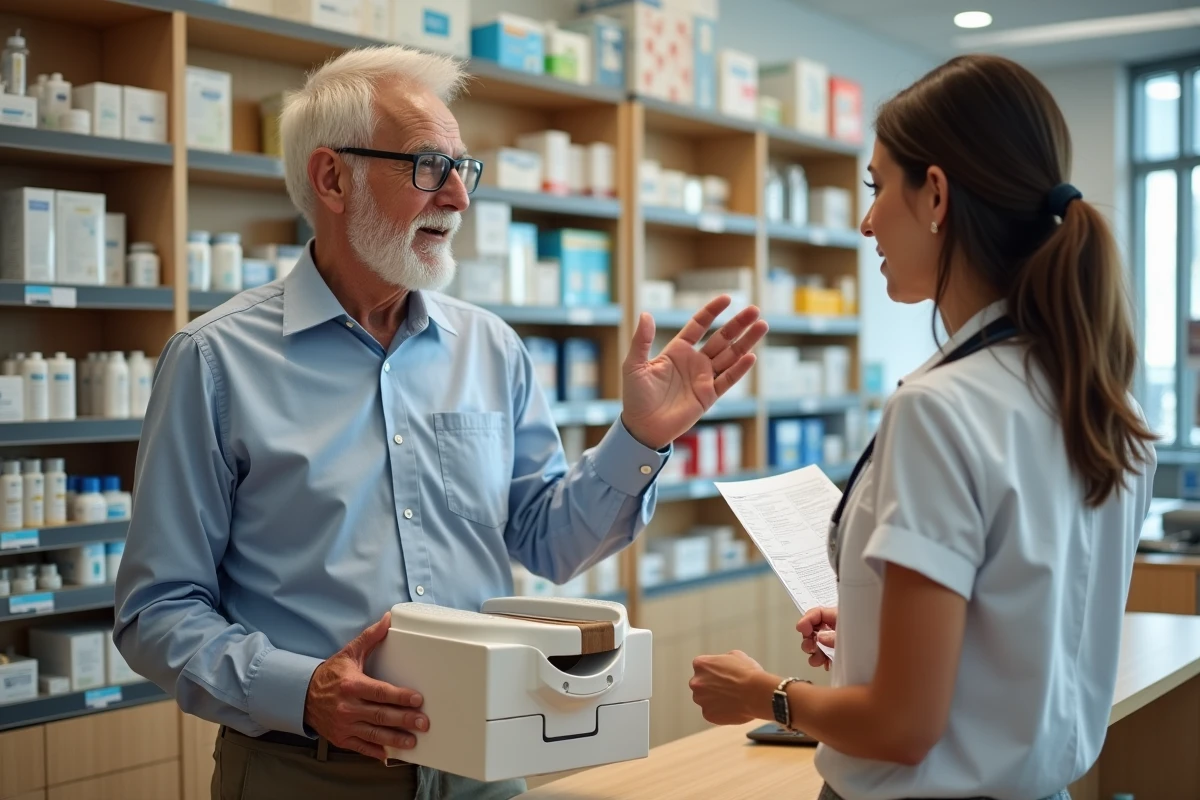 Homme senior discutant avec une pharmacienne au comptoir de pharmacie