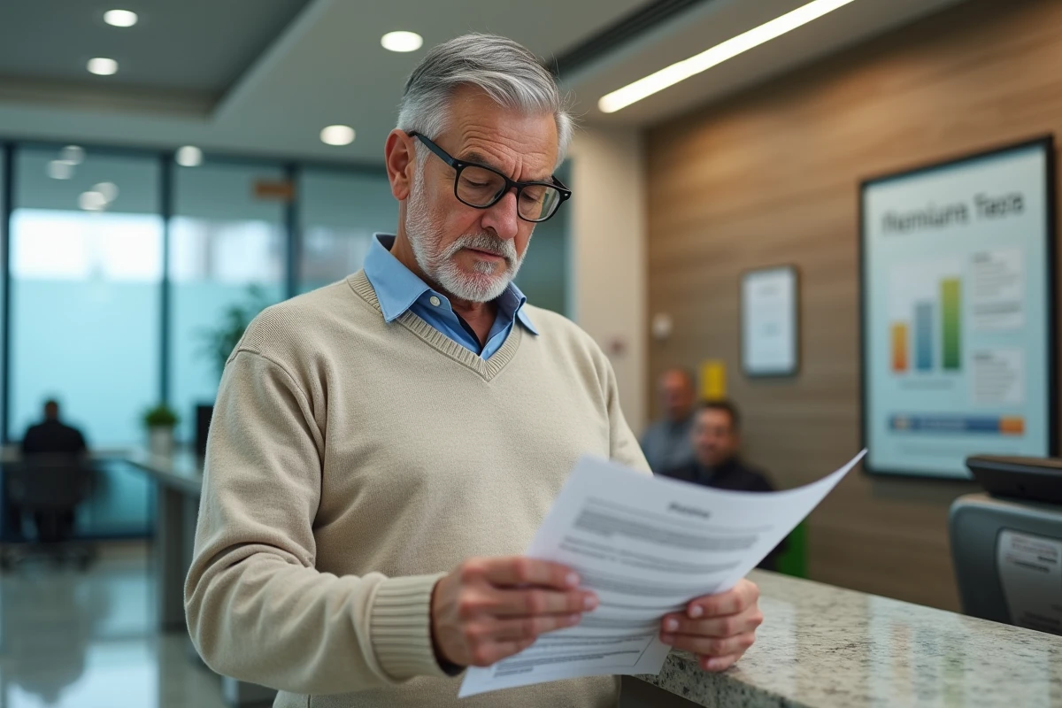 Homme senior lisant un relevé dans un espace bancaire