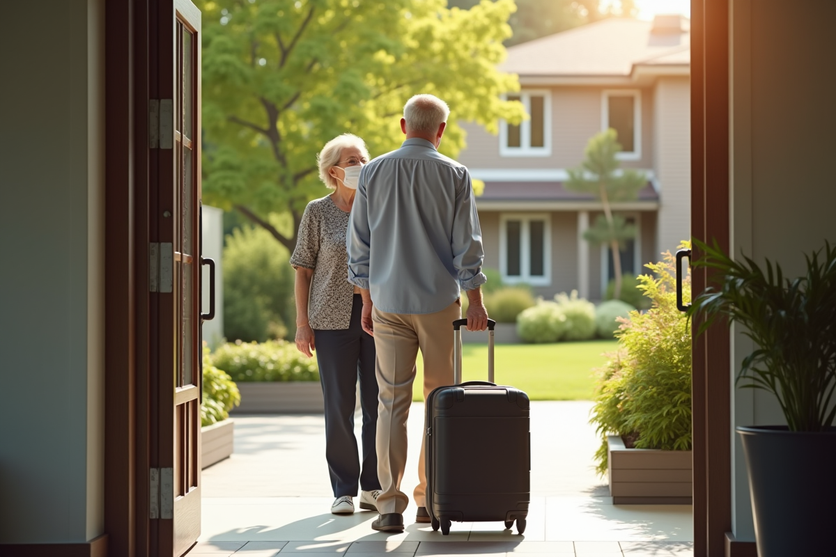 Homme senior devant une maison de retraite accueillante