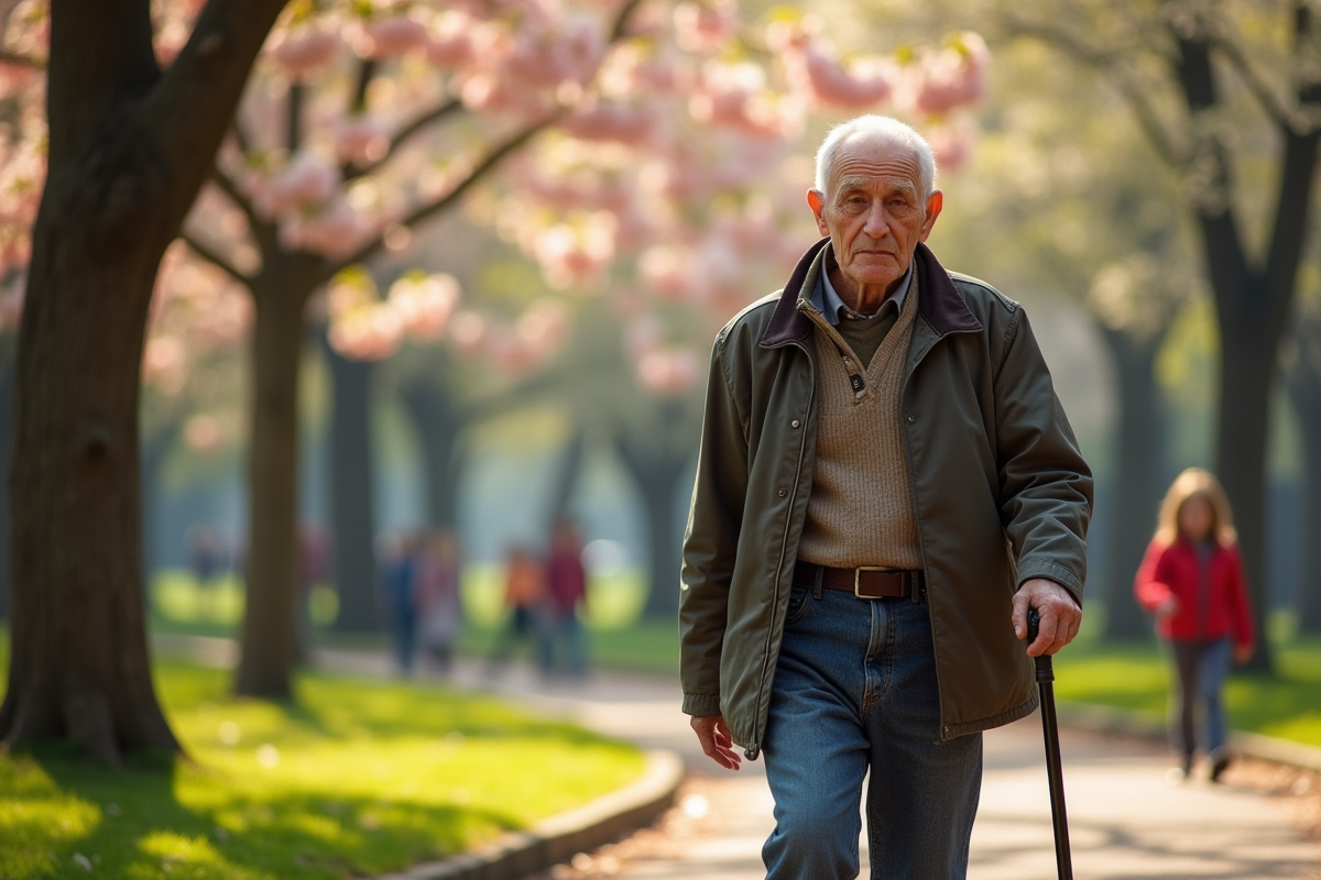Homme age marche dans un parc fleuri ensoleille