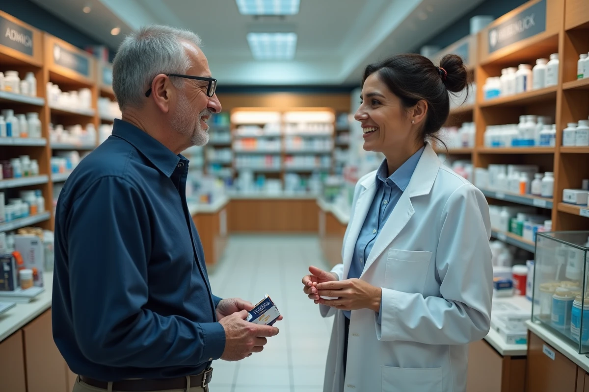 Homme senior de 60 ans discutant des effets secondaires du Bion 3 avec une pharmacienne en officine
