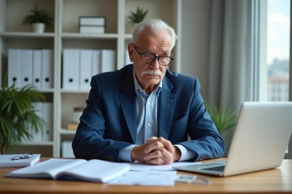 Homme senior en costume bleu examine des papiers de pension