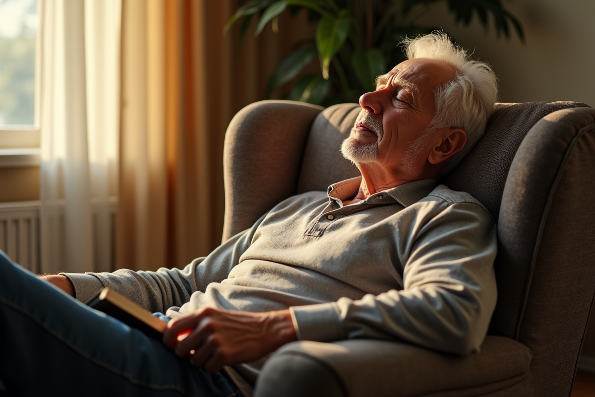 Homme senior faisant la sieste dans un salon ensoleille