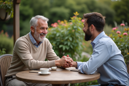 Homme senior souriant avec son fils dans un jardin