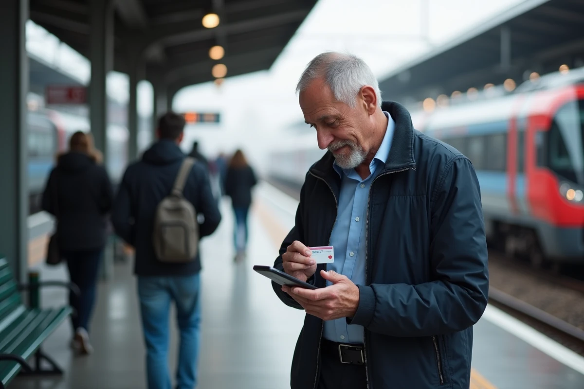 Homme senior utilise son smartphone sur la plateforme de train