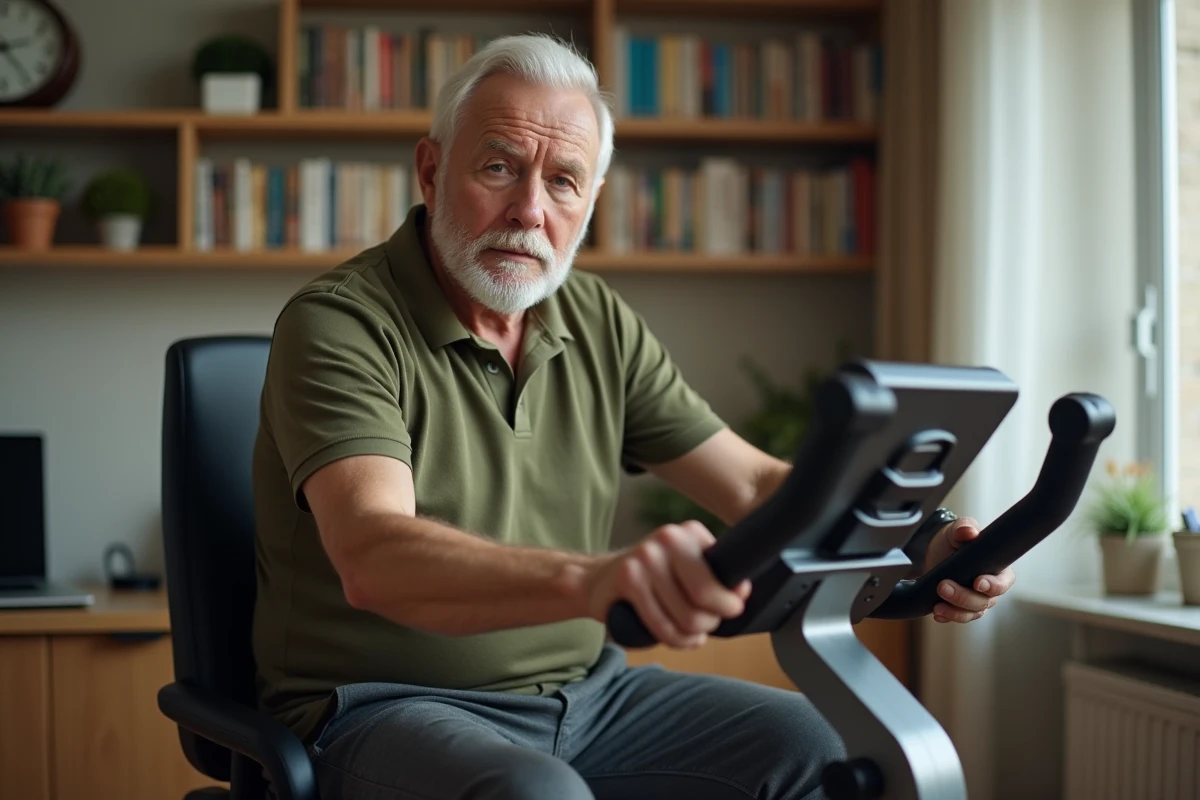 Homme senior de 75 ans utilisant un vélo couché d'appartement dans un bureau à domicile, posture détendue et concentrée, ambiance studieuse