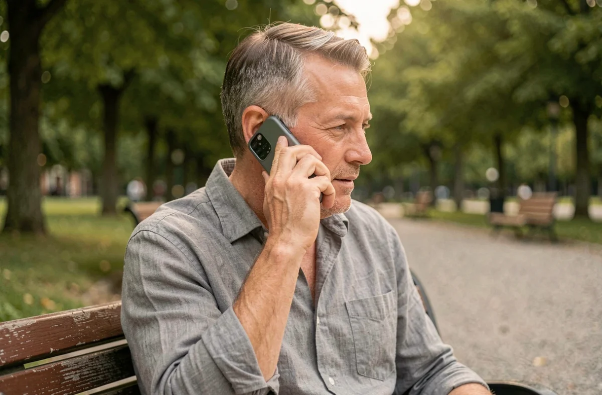 Homme adulte téléphonant avec un téléphone mobile simple dans un parc urbain