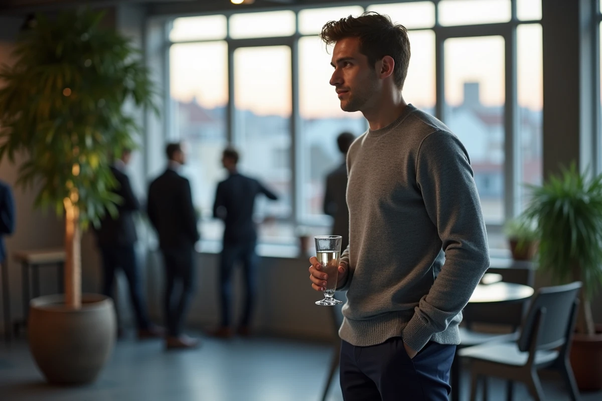 Homme introverti observant une rencontre amicale dans un espace moderne à Lyon