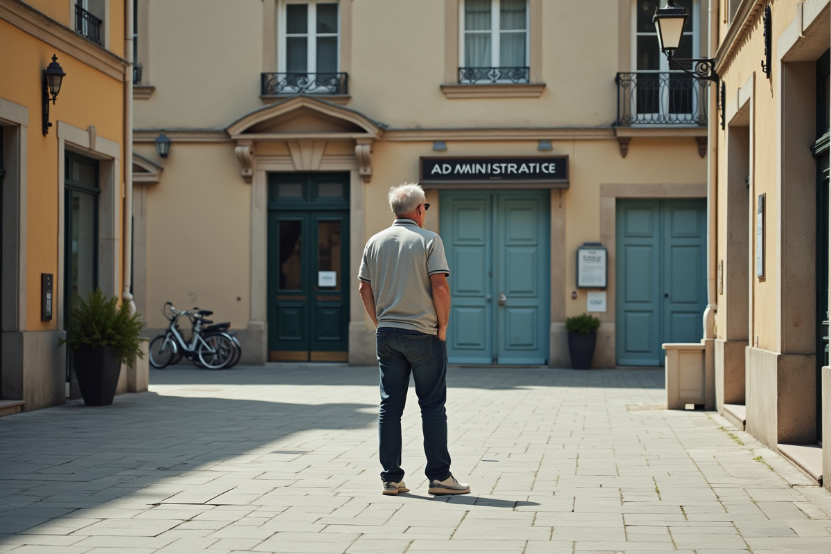Homme regardant un bâtiment administratif dans une ville française