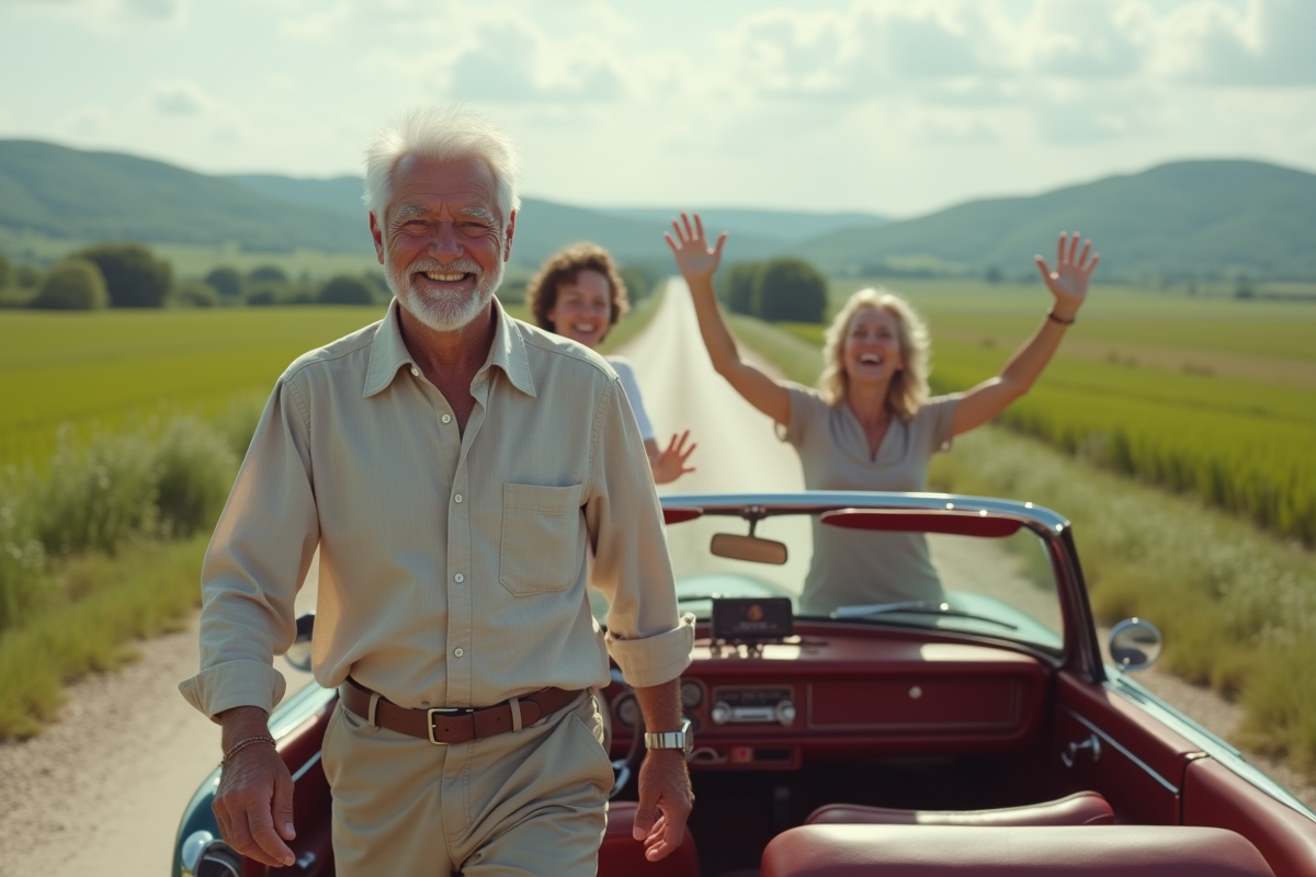Homme âgé entrant dans une voiture vintage avec sa famille