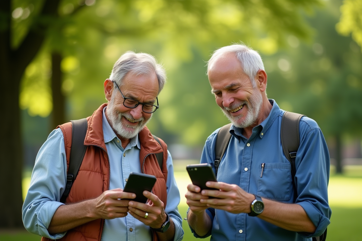 Deux hommes âgés comparant leurs iPhones dans un parc en plein jour