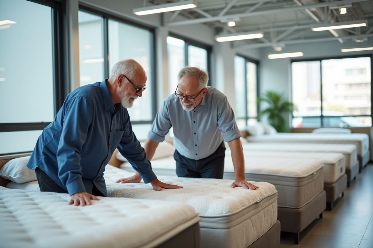 Deux hommes seniors examinent et pressent des matelas dans un magasin moderne