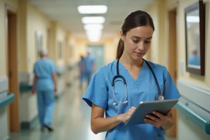 Infirmière en EHPAD utilisant une tablette numérique pour la gestion des soins sur le logiciel Netsoins