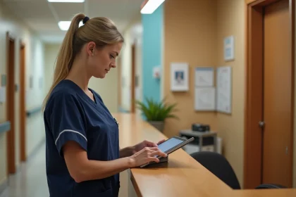 Infirmi&egrave;re en uniforme navy utilisant une tablette dans un EHPAD