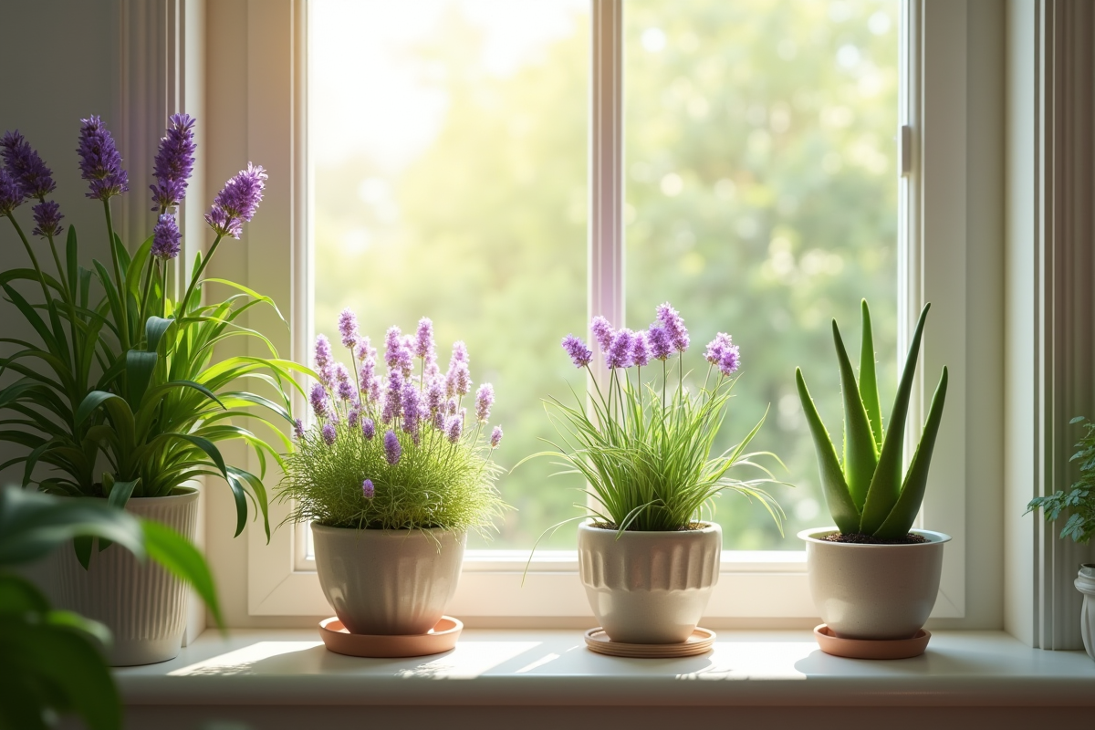 Intérieur calme avec plantes de lavande et aloe vera en pot