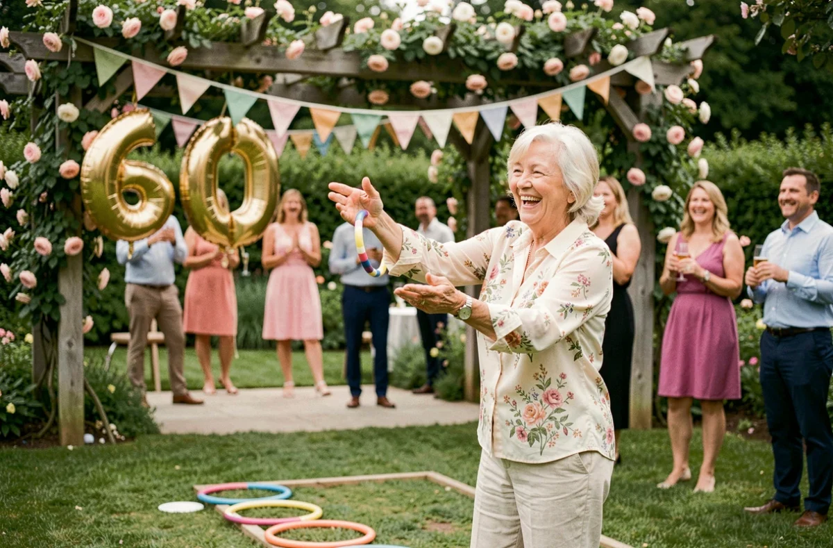 Femme jouant au jeu de lancer d'anneaux en plein air lors d'une fête d'anniversaire 60 ans dans un jardin