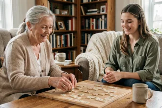 Une grand-mère et sa petite-fille jouant au Scrabble ensemble dans un salon chaleureux, jeu de société intergénérationnel pour seniors
