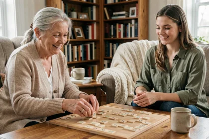 Une grand-mère et sa petite-fille jouant au Scrabble ensemble dans un salon chaleureux, jeu de société intergénérationnel pour seniors