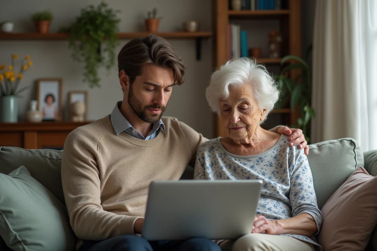 Jeune homme et femme regardant un ordinateur ensemble