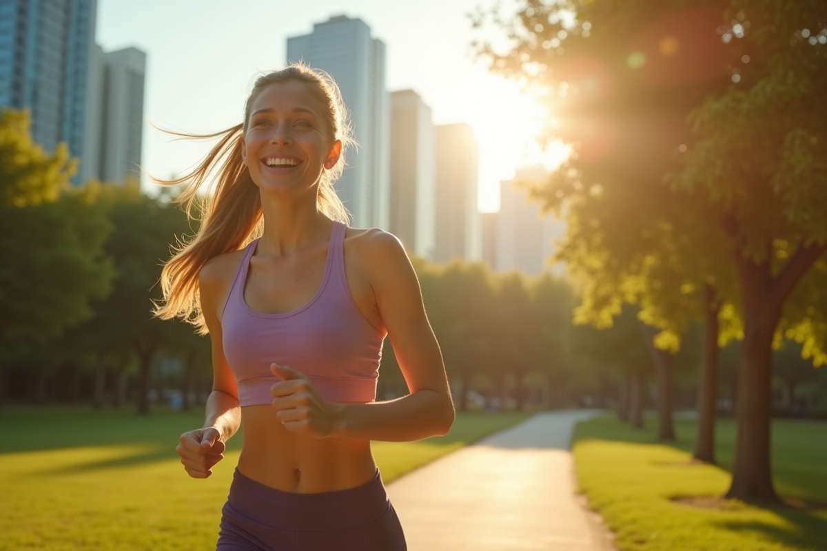 Jeune femme sportive marchant dans un parc ensoleille