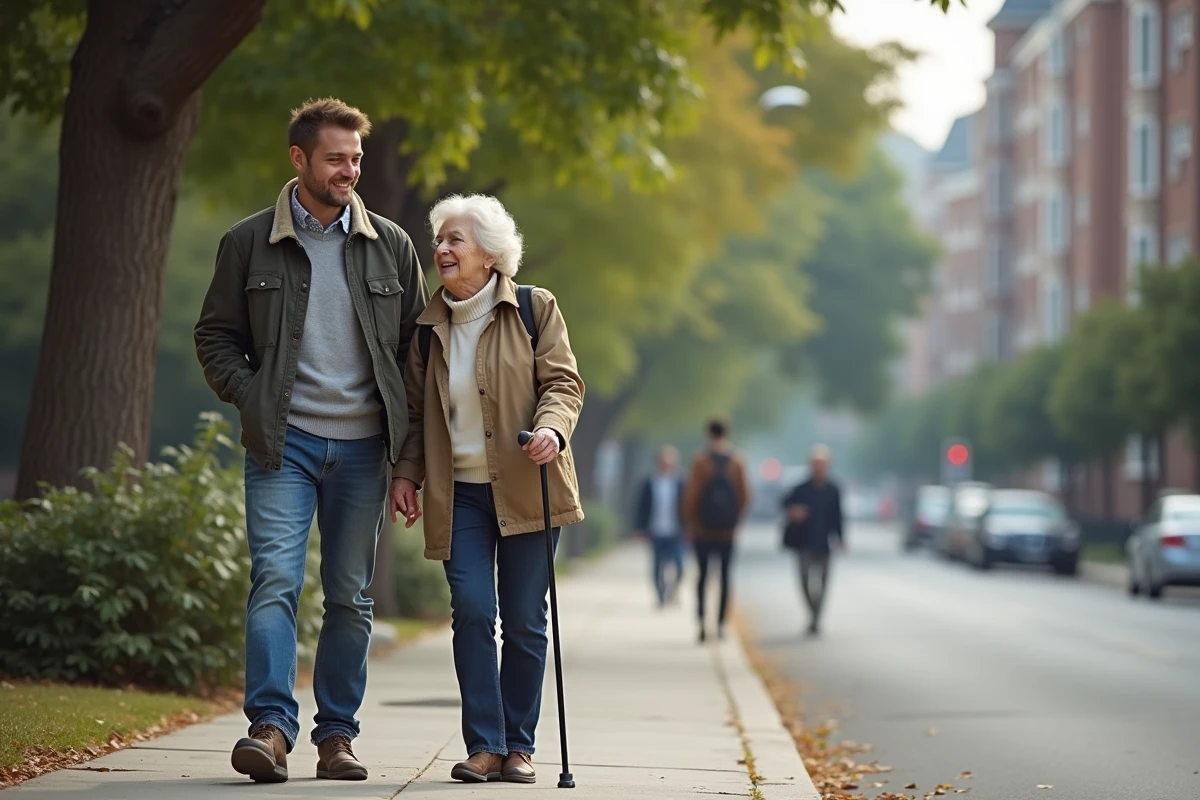 Jeune homme accompagnant une femme &acirc;g&eacute;e dans la rue