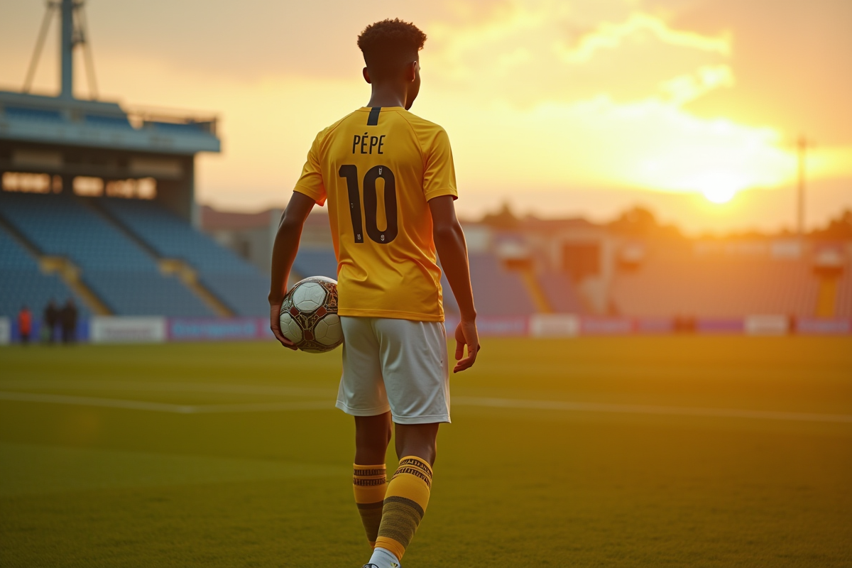 Jeune footballeur Pepe sur le terrain au coucher du soleil
