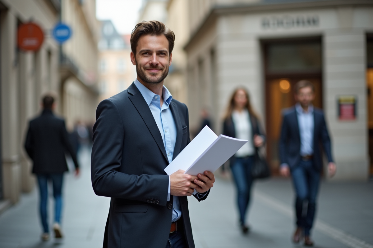 Jeune homme belge souriant devant un bâtiment officiel en ville