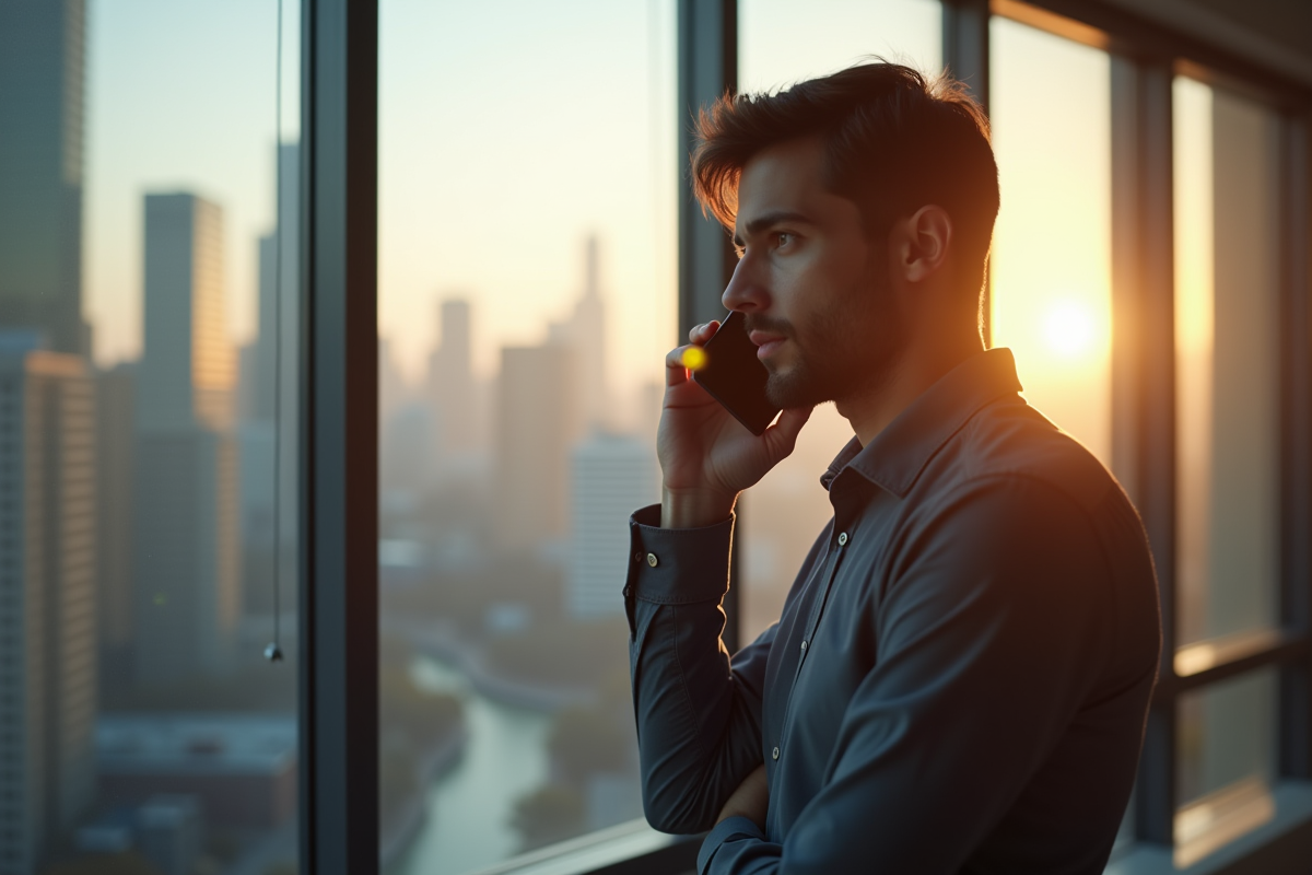 Jeune homme au bureau regardant par la fenêtre