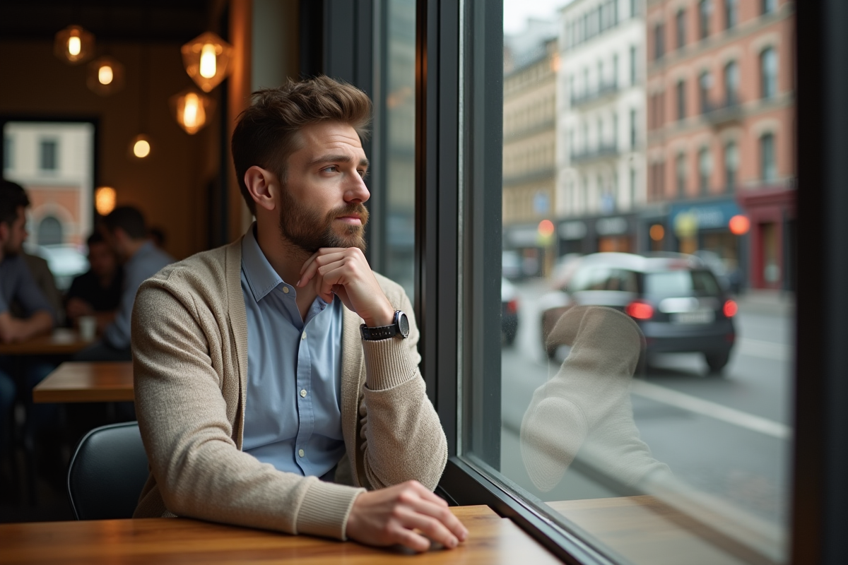 Jeune homme pensif dans un café urbain