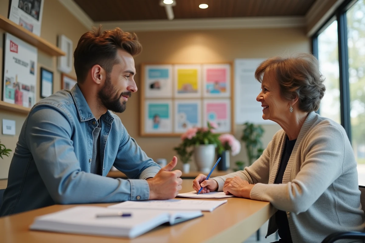 Jeune homme parlant avec une senior au centre communautaire