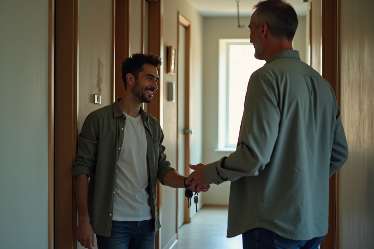 Jeune homme ouvre la porte de son nouvel appartement avec son père