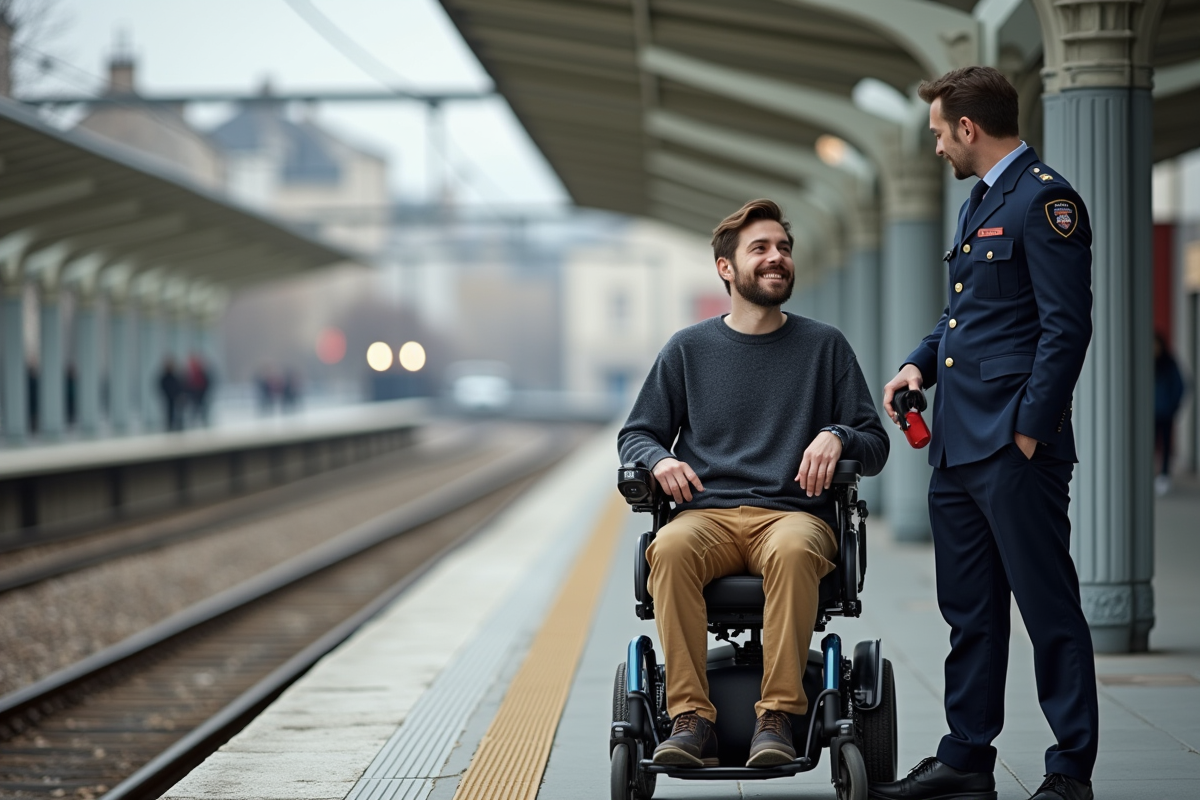 Jeune homme en fauteuil électrique à la station de tramway