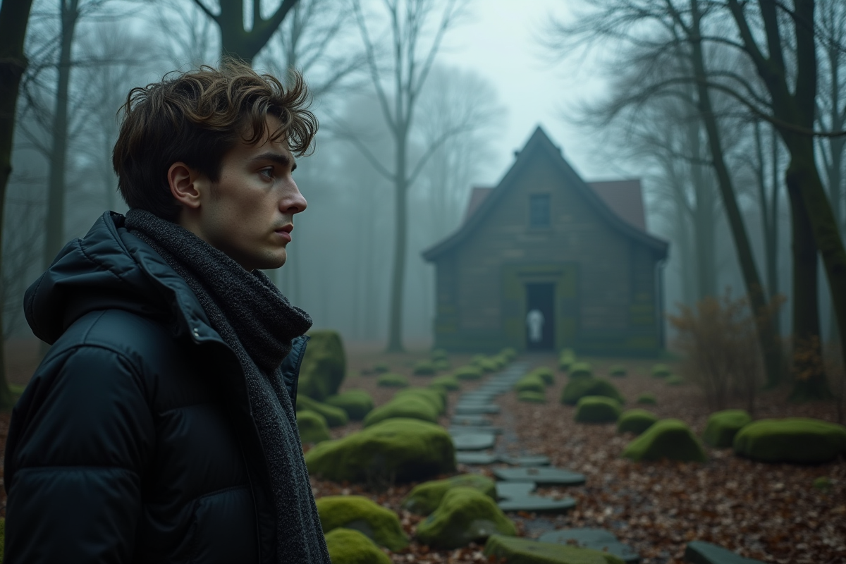 Jeune homme explorant une forêt brumeuse mystérieuse