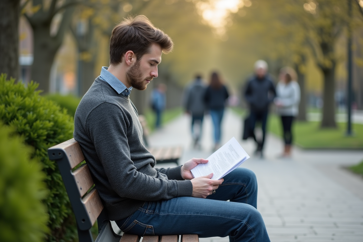 Jeune homme dans un parc en train de lire des documents