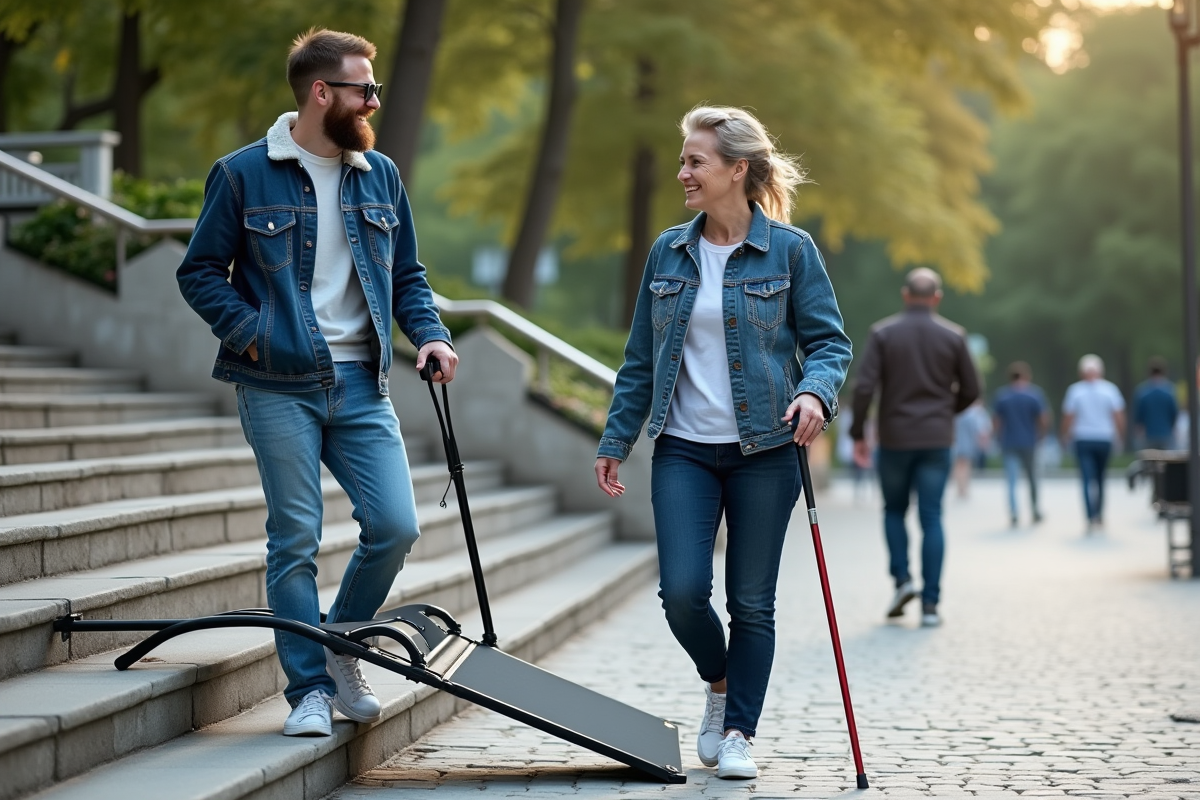 Jeune homme avec rampe portable aidant une femme âgée dehors