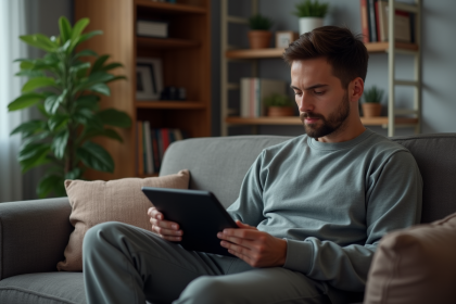 Jeune homme regardant une tablette dans un salon cosy