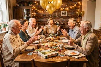 Groupe d'adultes jouant à des jeux de société lors d'un anniversaire de 60 ans autour d'une table décorée