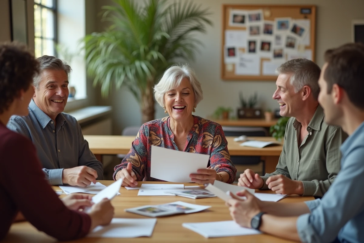 Femme lisant des cartes de retraite dans la salle de pause