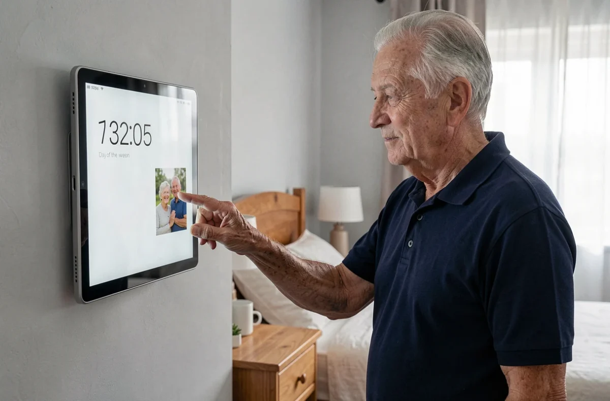 Un homme âgé interagit avec la tablette-calendrier connectée LiNote fixée au mur, affichant la date et le jour en grands caractères lisibles dans une chambre apaisante.