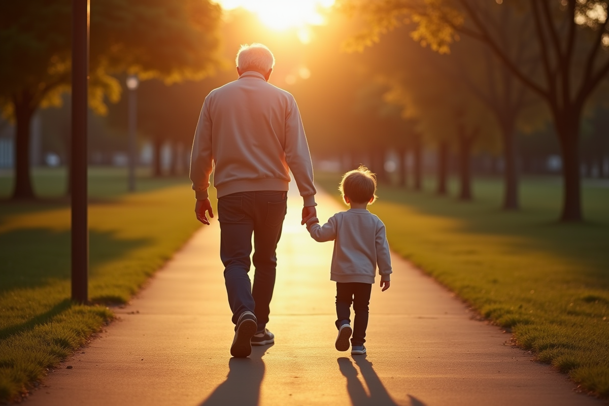 Main d'un senior tenant la main d'un enfant dans un parc
