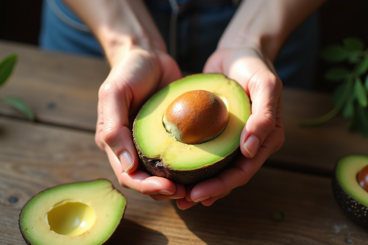 Gros plan sur des mains tenant un avocat coupé frais