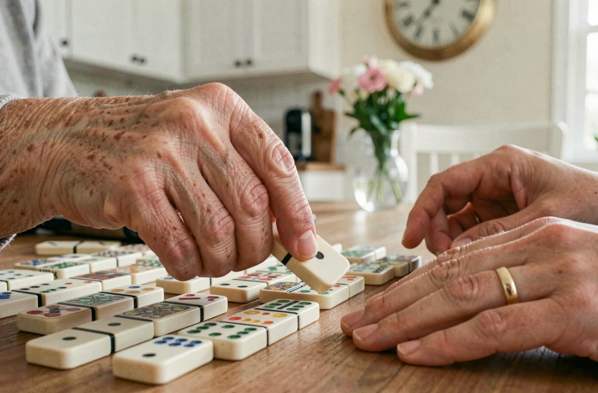Gros plan sur les mains d'une senior jouant aux dominos avec une jeune femme, exercice de motricité fine par le jeu intergénérationnel