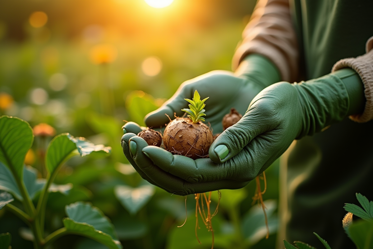 Mains vertes tenant racines de valeriane et passiflore dans un jardin