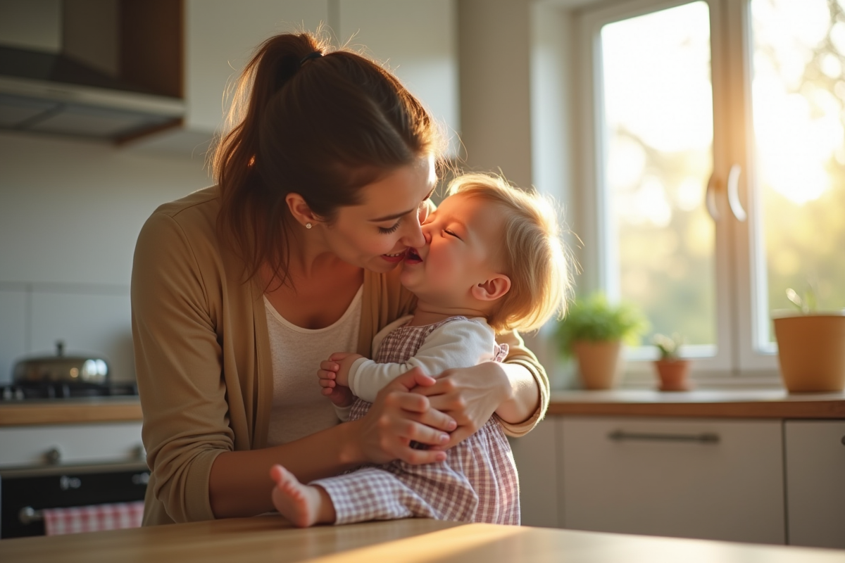 Jeune maman pratiquant la Heimlich sur un enfant dans une cuisine lumineuse
