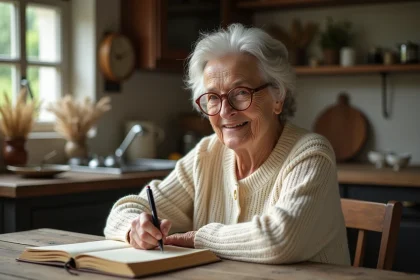 Grand-mère souriante écrivant un poème acrostiche dans un journal avec un stylo plume dans une cuisine rustique chaleureuse