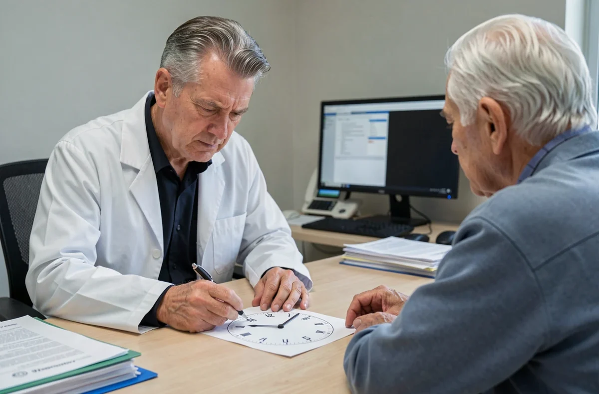Médecin gériatre analysant le résultat du test de l'horloge d'un patient âgé lors d'une consultation médicale
