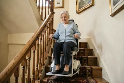 Femme âgée assise sur un monte-escalier portable installé dans un escalier en bois d'une maison française, tenant les accoudoirs avec une expression sereine
