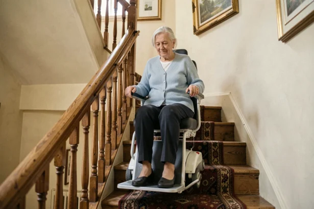 Femme âgée assise sur un monte-escalier portable installé dans un escalier en bois d'une maison française, tenant les accoudoirs avec une expression sereine