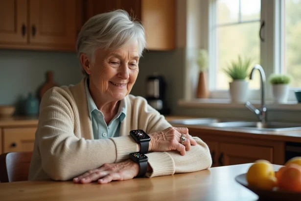 Femme âgée assise à la cuisine regardant sa montre connectée pour personnes âgées avec une expression sereine